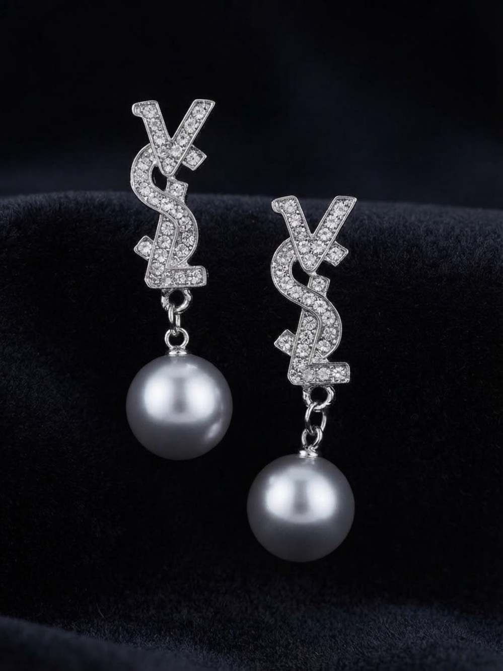 Silver Tone Crystal Lettered Drop Earrings with Gray Pearls